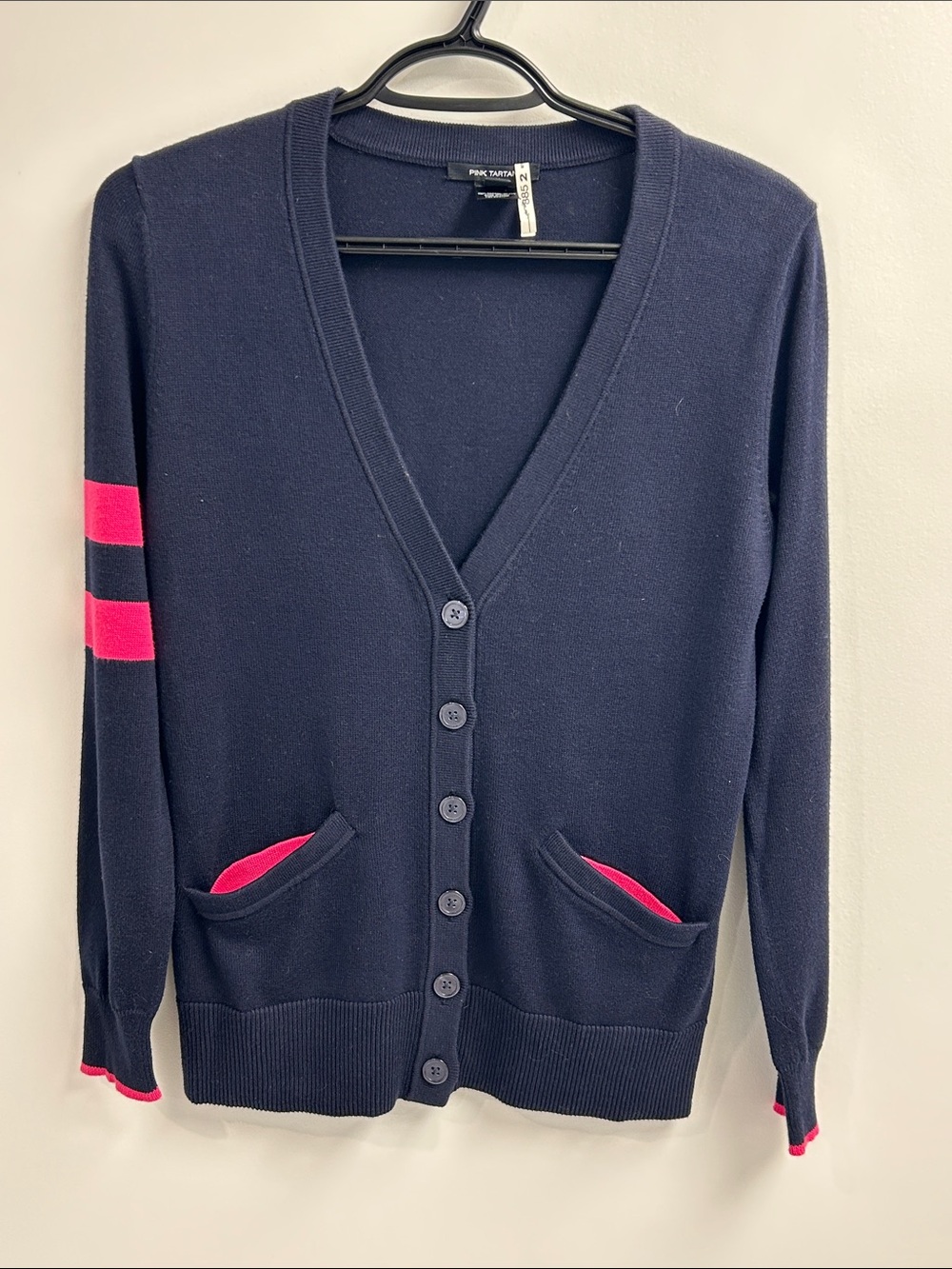Pink Tartan Navy Cardigan with Pink Stripe and Pocket Trim (Thom Browne)
